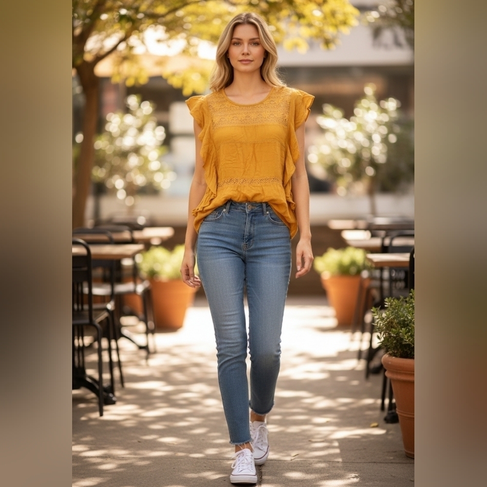 American Eagle lace up yellow mustard ruffles lightweight cotton blend top small